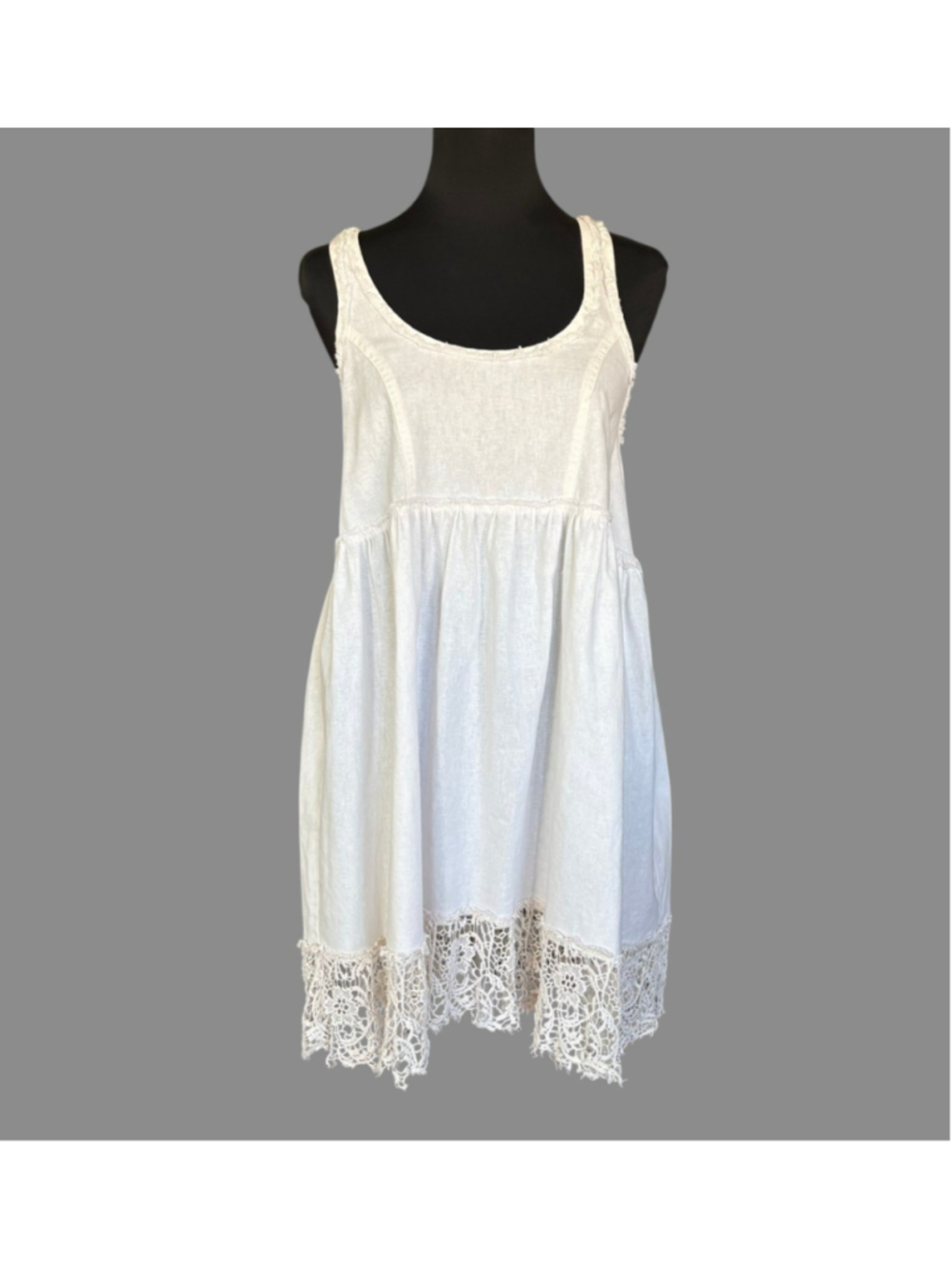 Vintage Y2K Free People Linen Blend Crochet Lace Trim Swing Sundress Ivory XS